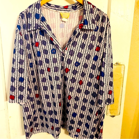 Lady Winston New York 1970s Vintage V-neck 3/4 Sleeve Blouse Geometric Design. - Picture 1 of 10